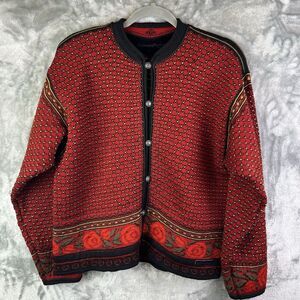 Vintage Dale of Norway Wool Cardigan Large Nordic Rose Grannycore Festive Floral
